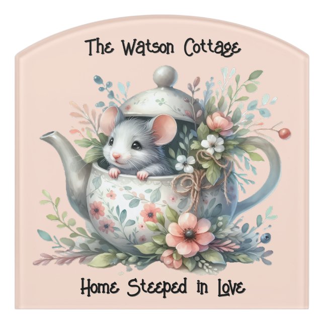 Cute Mouse in Floral Teapot Illustration Door Sign (Contour Front)