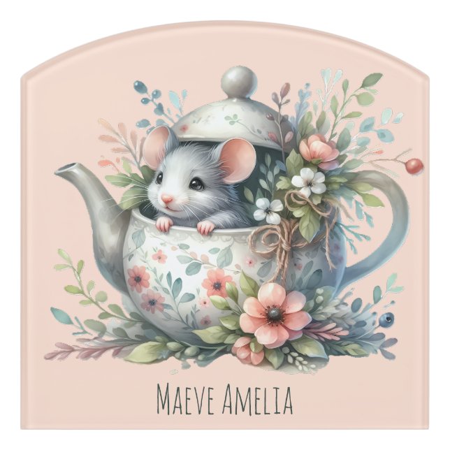 Cute Mouse in Floral Teapot Illustration Door Sign (Contour Front)