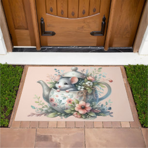 Cute Mouse in Floral Teapot Illustration Doormat