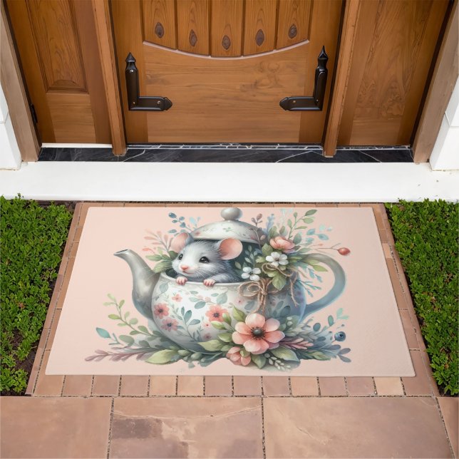 Cute Mouse in Floral Teapot Illustration Doormat (Outdoor)