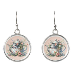 Cute Mouse in Floral Teapot Illustration Earrings