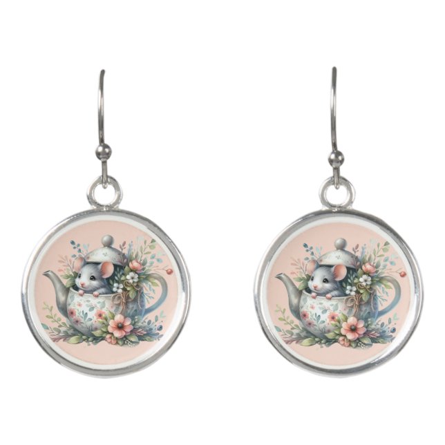 Cute Mouse in Floral Teapot Illustration Earrings (Front)