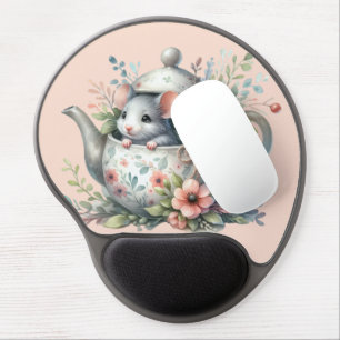 Cute Mouse in Floral Teapot Illustration Gel Mouse Pad