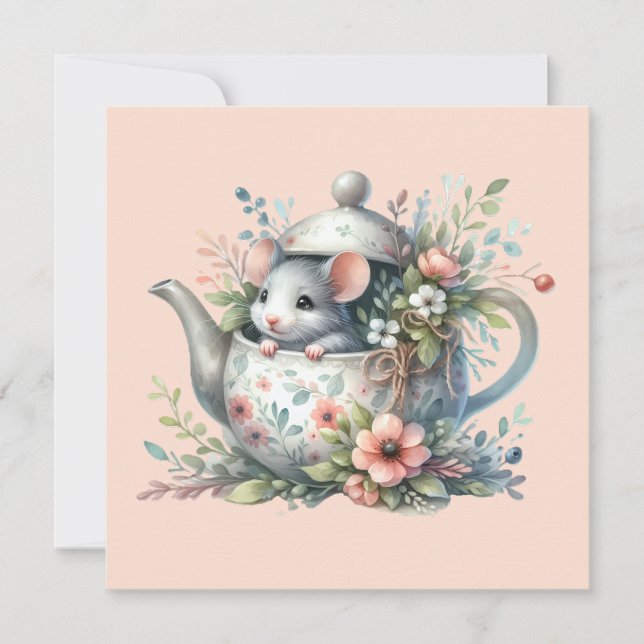 Cute Mouse in Floral Teapot Illustration Holiday Card (Front)