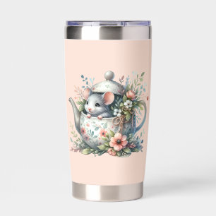 Cute Mouse in Floral Teapot Illustration Insulated Tumbler