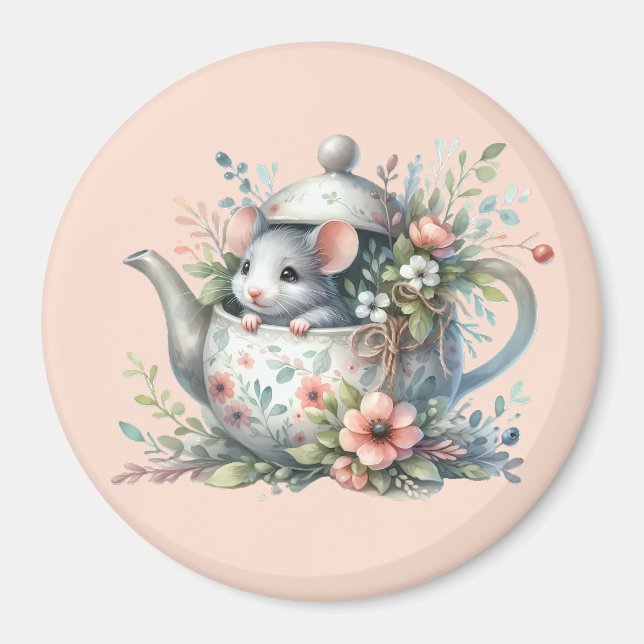 Cute Mouse in Floral Teapot Illustration Magnet (Front)