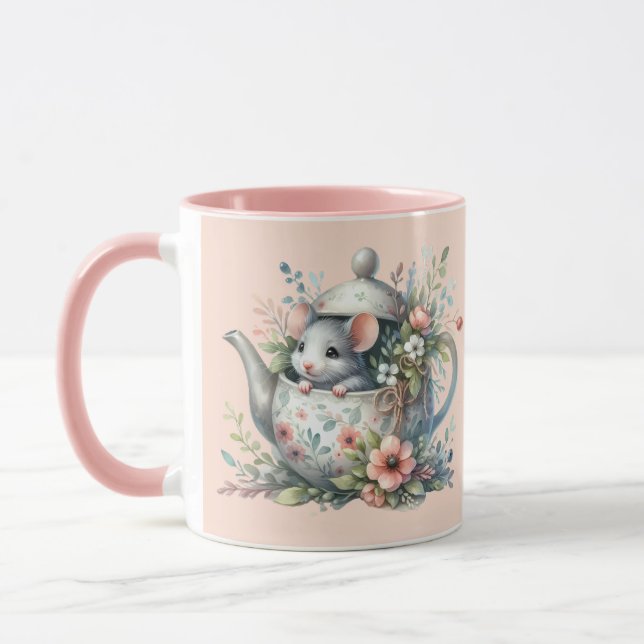 Cute Mouse in Floral Teapot Illustration Mug (Left)