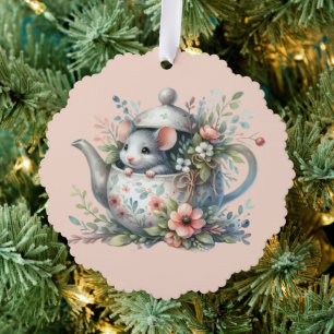 Cute Mouse in Floral Teapot Illustration Ornament Card