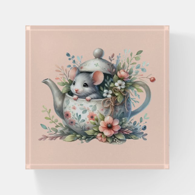 Cute Mouse in Floral Teapot Illustration Paperweight (Front)