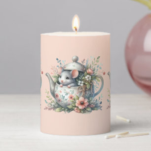 Cute Mouse in Floral Teapot Illustration Pillar Candle