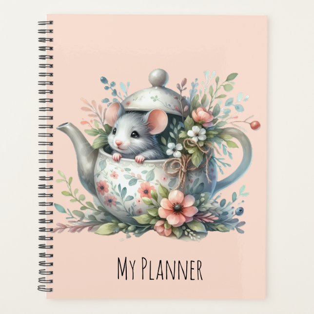Cute Mouse in Floral Teapot Illustration Planner (Front)