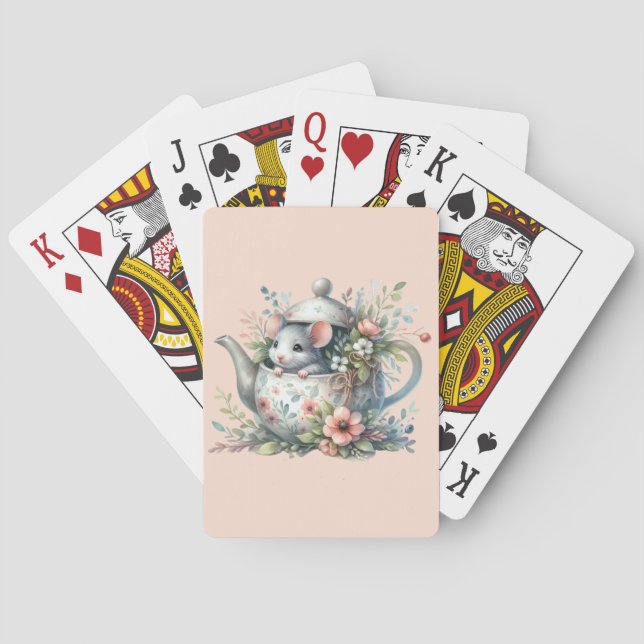 Cute Mouse in Floral Teapot Illustration Poker Cards (Back)