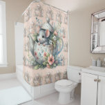 Cute Mouse in Floral Teapot Illustration Shower Curtain