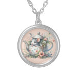 Cute Mouse in Floral Teapot Illustration Silver Plated Necklace