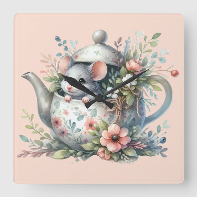Cute Mouse in Floral Teapot Illustration Square Wall Clock (Front)