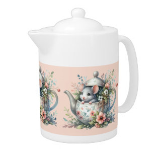 Cute Mouse in Floral Teapot Illustration Teapot