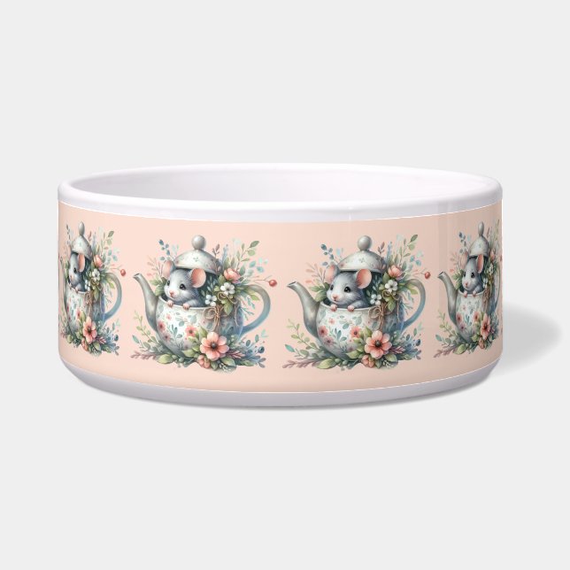 Cute Mouse in Floral Teapot Illustration Teapot Bowl (Front)
