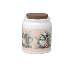Cute Mouse in Floral Teapot Illustration Teapot Candy Jar