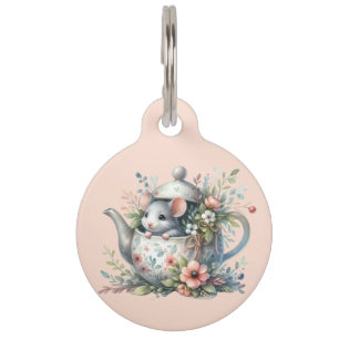 Cute Mouse in Floral Teapot Illustration Teapot Pet ID Tag