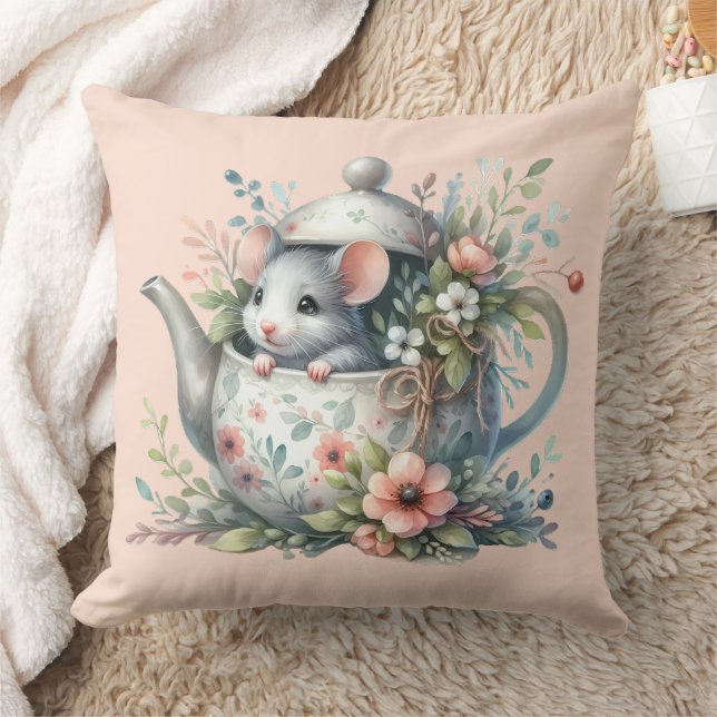 Cute Mouse in Floral Teapot Illustration Throw Pillow (Blanket)