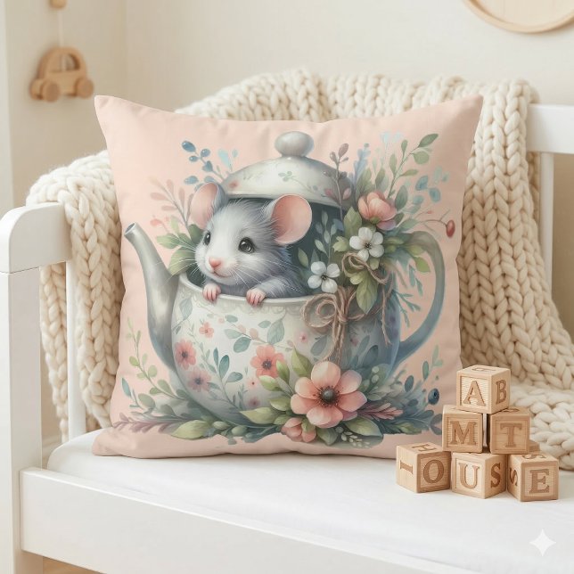 Cute Mouse in Floral Teapot Illustration Throw Pillow (Cute Mouse in Floral Teapot Illustration Throw Pillow Mockup A)