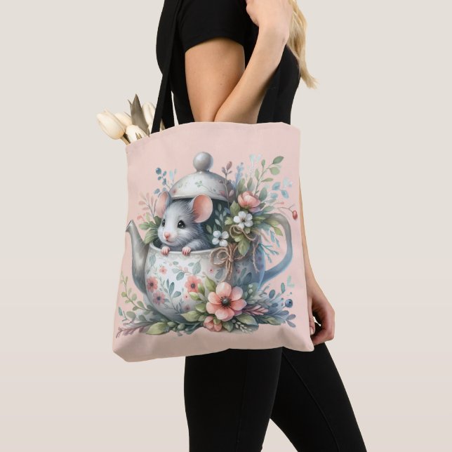Cute Mouse in Floral Teapot Illustration Tote Bag (Close Up)