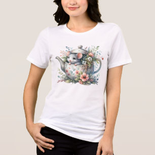 Cute Mouse in Floral Teapot Illustration Tri-Blend Shirt