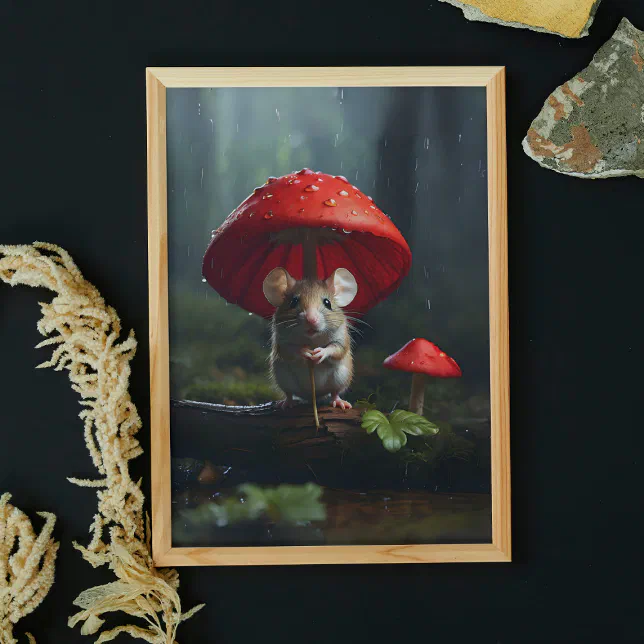 Cute Mouse in Forest Mushroom Umbrella Poster
