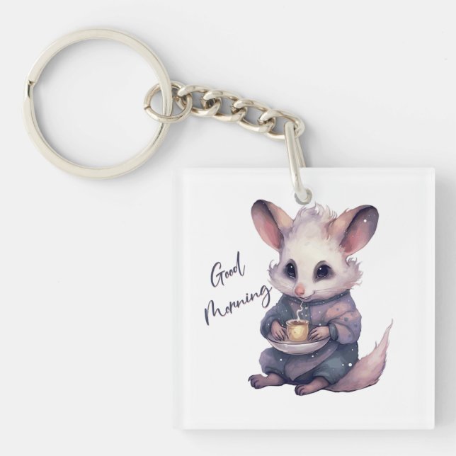 Cute mouse in pyjamas with coffee. Rat and coffee Keychain (Front)