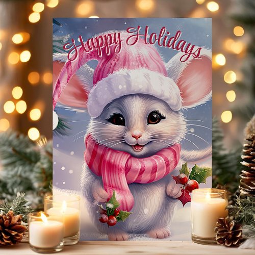 Cute Mouse In Santa Hat Happy Holidays Holiday Card