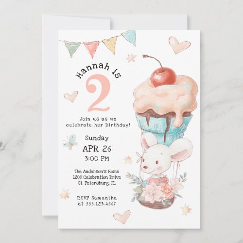 Cute Mouse in Sweet Hot Air Balloon Birthday Invitation