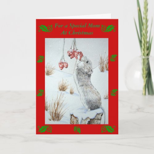 cute mouse in the snow wildlife with verse for mom holiday card