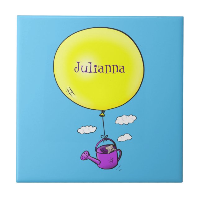 Cute mouse in watering can with balloon cartoon ceramic tile (Front)