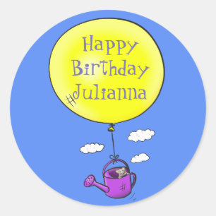 Cute mouse in watering can with balloon cartoon classic round sticker