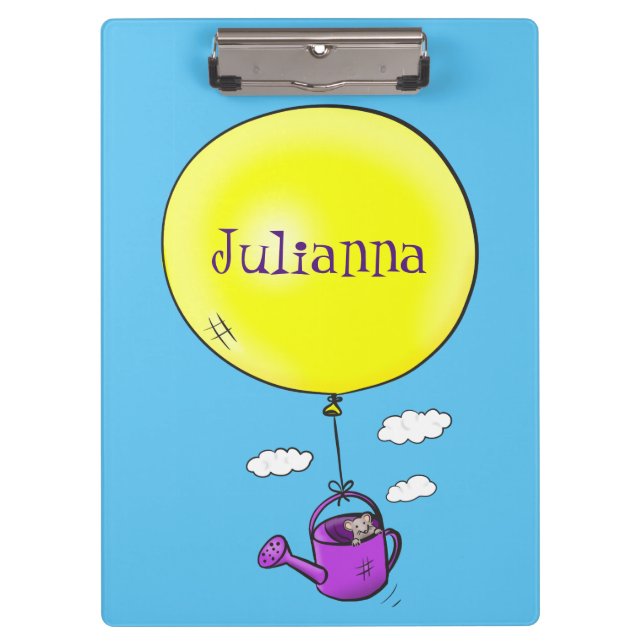 Cute mouse in watering can with balloon cartoon clipboard (Front)