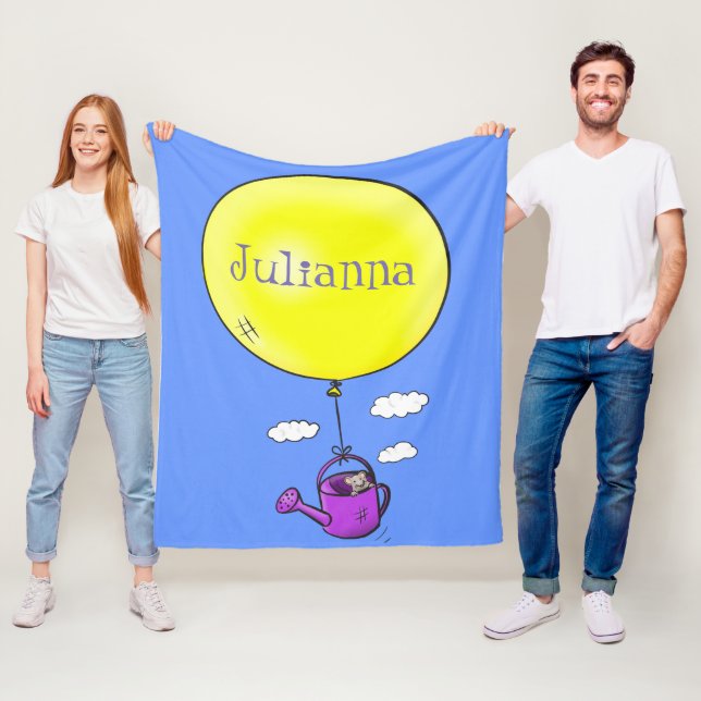 Cute mouse in watering can with balloon cartoon fleece blanket (In Situ)