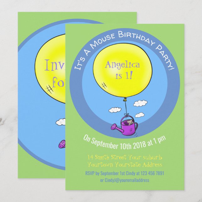 Cute mouse in watering can with balloon cartoon invitation (Front/Back)