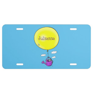 Cute mouse in watering can with balloon cartoon license plate