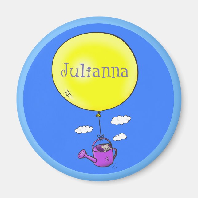 Cute mouse in watering can with balloon cartoon magnet (Front)
