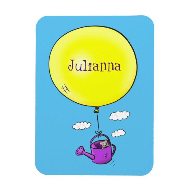 Cute mouse in watering can with balloon cartoon magnet (Vertical)