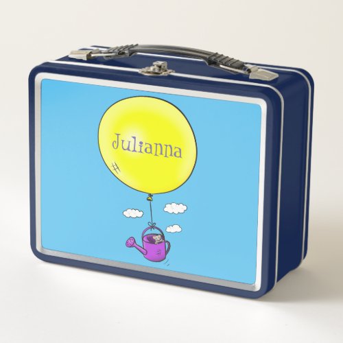 Cute mouse in watering can with balloon cartoon metal lunch box