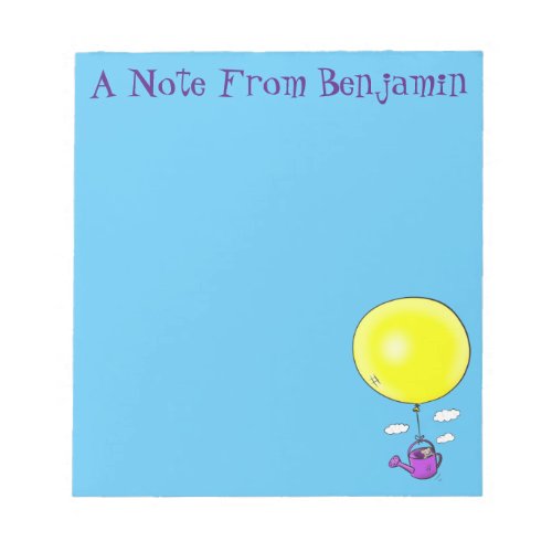 Cute mouse in watering can with balloon cartoon notepad