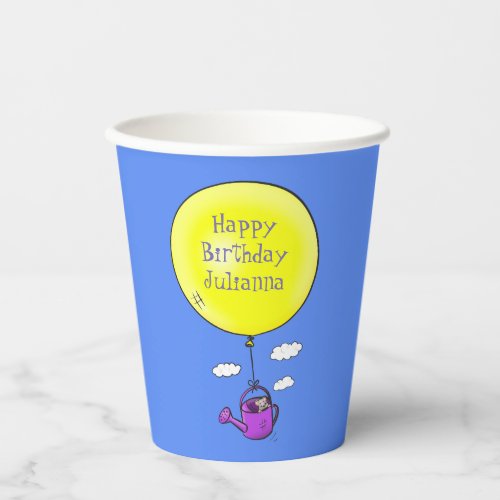 Cute mouse in watering can with balloon cartoon paper cups