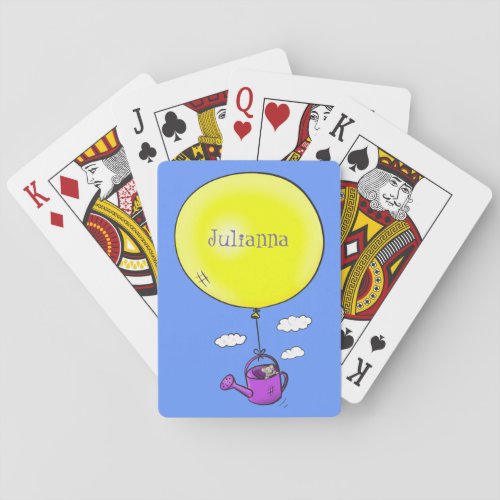 Cute mouse in watering can with balloon cartoon playing cards