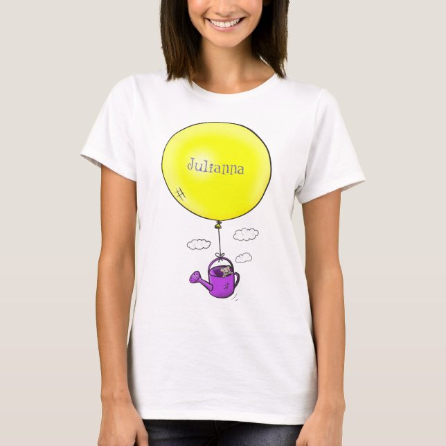 Cute mouse in watering can with balloon cartoon T-Shirt (Front)