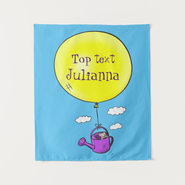 Cute mouse in watering can with balloon cartoon  tapestry (Front)