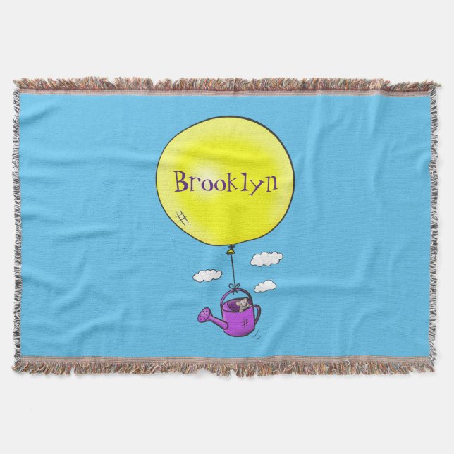 Cute mouse in watering can with balloon cartoon throw blanket (Front)