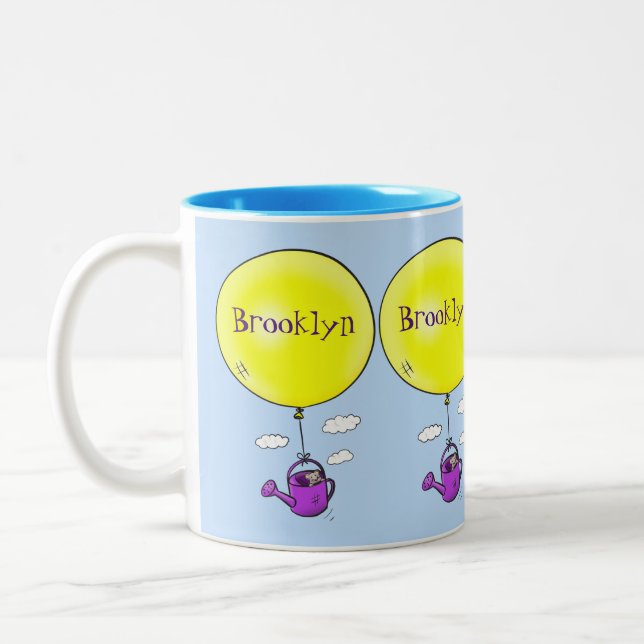 Cute mouse in watering can with balloon cartoon Two-Tone coffee mug (Left)