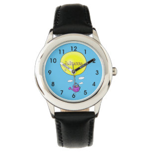 Cute mouse in watering can with balloon cartoon watch