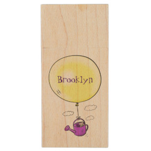 Cute mouse in watering can with balloon cartoon wood flash drive
